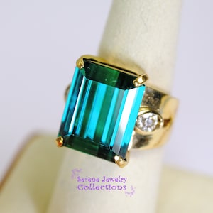 20CT Verde Laguna Azul Turmalina Diamante 14k Anillo de Oro Amarillo Vintage Tamaño 7