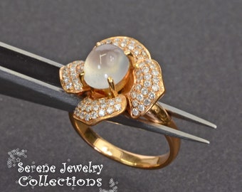2.1CT Untreated A Jade Jadeite Diamond 18k Solid Gold Vintage Ring Size 6
