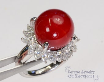 Oxblood Red Coral Diamond Platinum Ring Vintage Ring Size 6