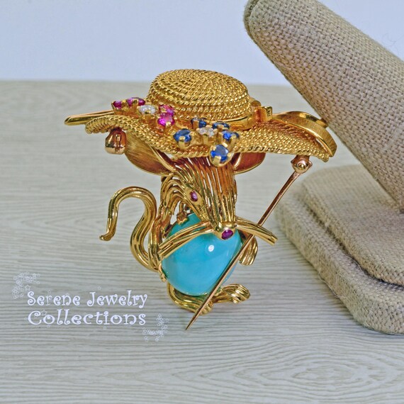 Turquoise Ruby 18k Solid Gold Mouse Brooch Vintage - image 7
