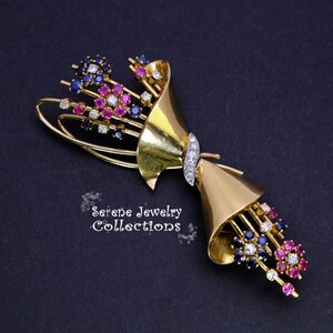 French Sapphire Ruby Diamond 18k Yellow Gold Flower Bouquet Brooch Pin Vintage