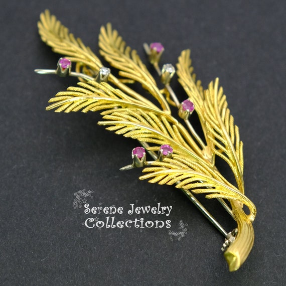 Ruby Diamond 18k Solid Gold Ferns Brooch Vintage - image 3
