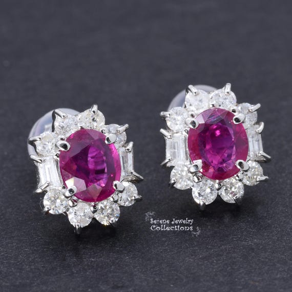 Ruby Diamond Platinum Ear stud Earrings - image 6