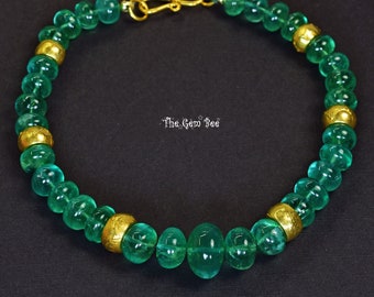 6.3mm-11mm GIA Certified Finest LARGE Zambian Emerald Smooth Rondelle 18k Solid Yellow Gold Diamond Bracelet 8 inch