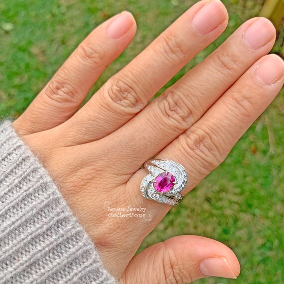 1.17ct Ruby Unheated Diamond Platinum Ring Estate… - image 3