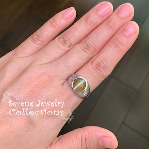 9CT Cats Eye Chrysoberyl Diamond Platinum Ring Vintage Size 7.75