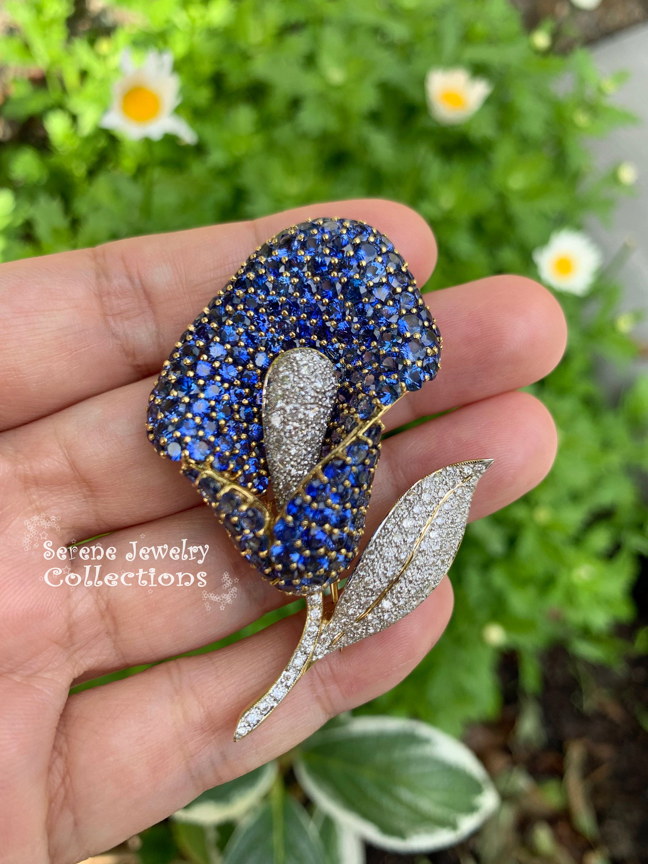 Blue Sapphire Diamond 18k Solid Gold Calla Lily Flower Brooch