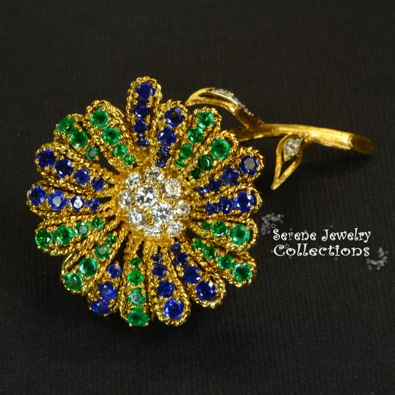 Italian Diamond Sapphire Emerald 18k Yellow Gold … - image 3