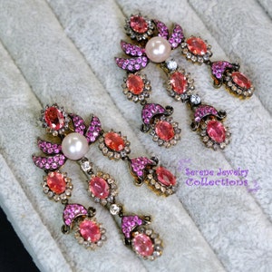 Laura Munder Vintage Padparadscha Sapphire Diamond Pearl 18k Yellow Gold Earrings image 4