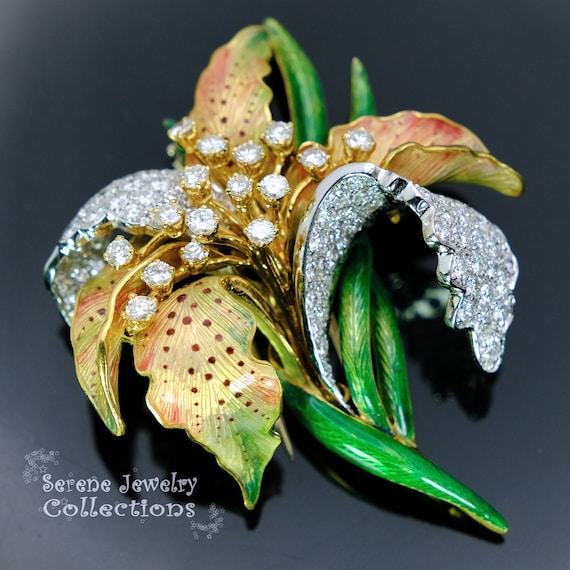 ダイヤモンド ベースタイユ エナメル 18K イエロー ゴールド 蘭の花と 