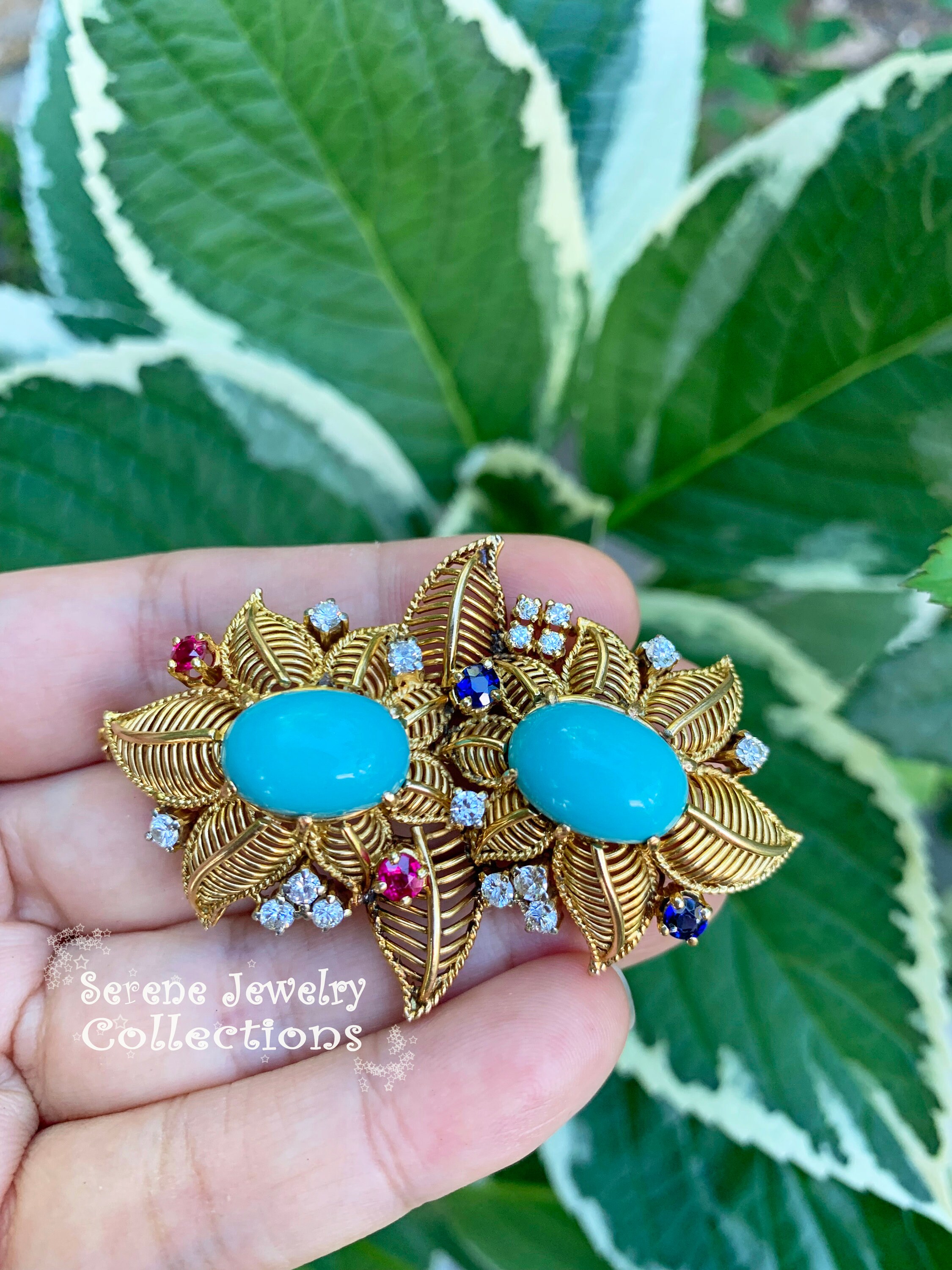 Broche Oiseau Vintage En Or 18 Carats Jaune - Saphir, Turquoise, Diamant - Occasion