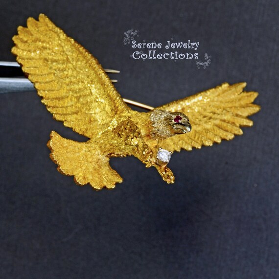 Ruby Diamond 18k Solid Gold Eagle Brooch Vintage - image 4
