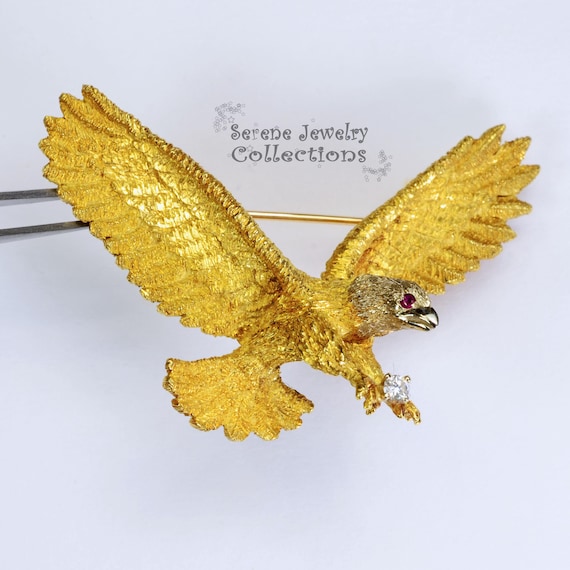 Ruby Diamond 18k Solid Gold Eagle Brooch Vintage - image 7