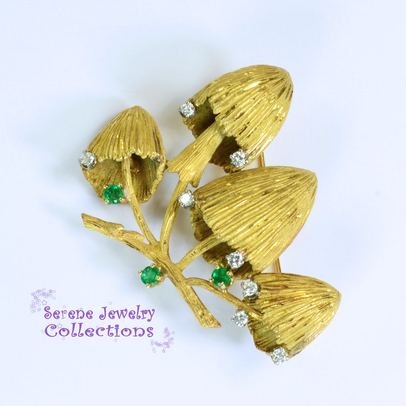 Emerald Diamond 18k Yellow Gold Mushroom Brooch Vintage image 2