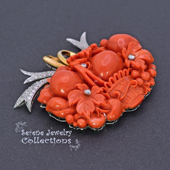 Large Carved Coral Diamond Fruit Basket 18k Yello… - image 9