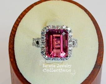 6.35CT Pink Rubellite Tourmaline Diamond 18k White Gold Ring Vintage Ring Size 6.5