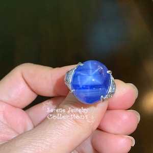 Art Deco Antique 32.92CT Sin Calor Estrella Azul Zafiro Anillo de Diamantes Anillo de Platino Tamaño 7