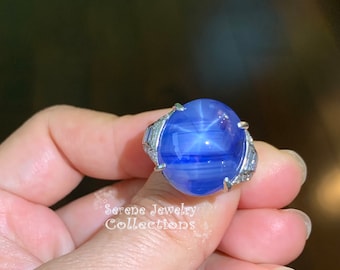 Art Deco Antique 32.92CT No Heat Blue Star Sapphire Diamond Ring Platinum Ring Size 7