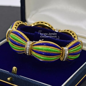 Tiffany & Co Schlumberger France Enamel Diamond 18k Yellow Gold Bangle Bracelet Vintage 7 inch