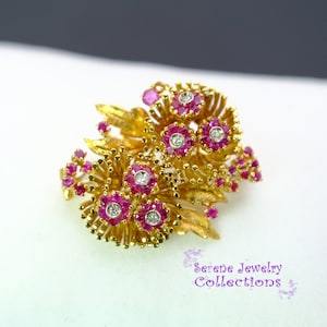 En Tremblant Ruby Diamond 18k Yellow Gold Flower Bouquet Brooch Vintage
