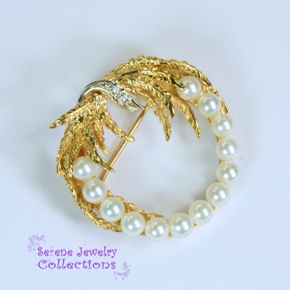 Pearl Diamond 14k Yellow Gold Wreath Brooch Vinta… - image 6