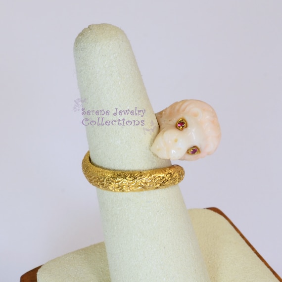Pacific Deep Sea Coral Carved Lion with Ruby Eyes 18k Yellow Gold Vintage Ring Size 5.25