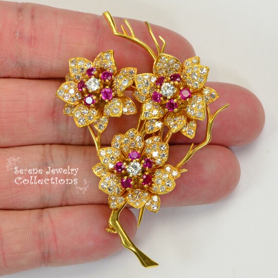 Ruby Diamond 18k Solid Gold Flowers Brooch Vintage - image 4