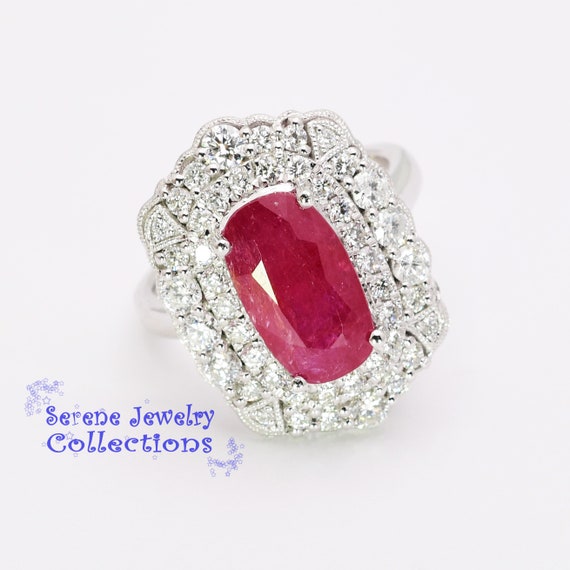 6.07ct no heat Ruby Diamond Platinum Ring Vintage… - image 7