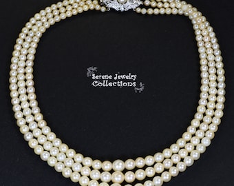 Antique Art Deco 3.5mm-8mm Round Pearl Triple Strand Bead Platinum Diamond Clasp Necklace 15 inch