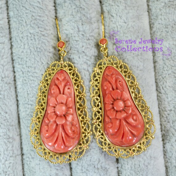 Japanese Momo Carved Coral 18k Yellow Gold Filigr… - image 7