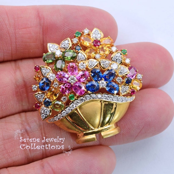 Ruby Emerald Sapphire Diamond 18k Solid Gold Flow… - image 6