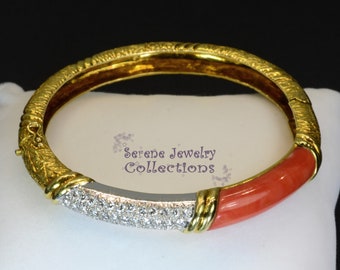 Japanese Momo Coral Diamond 18k Yellow Gold Bangle Bracelet Vintage Estate 6.5 inch