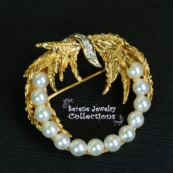 Pearl Diamond 14k Yellow Gold Wreath Brooch Vinta… - image 1