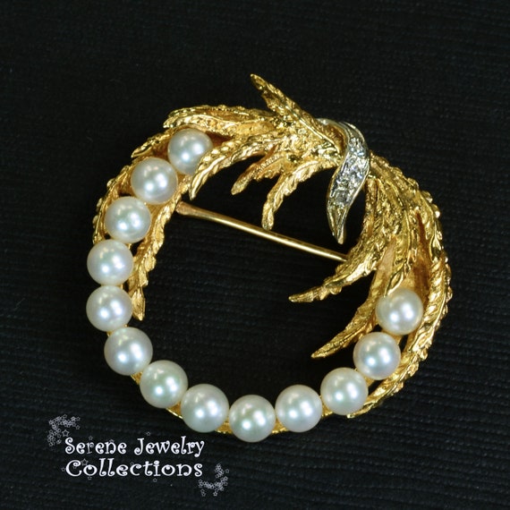 Pearl Diamond 14k Yellow Gold Wreath Brooch Vinta… - image 2