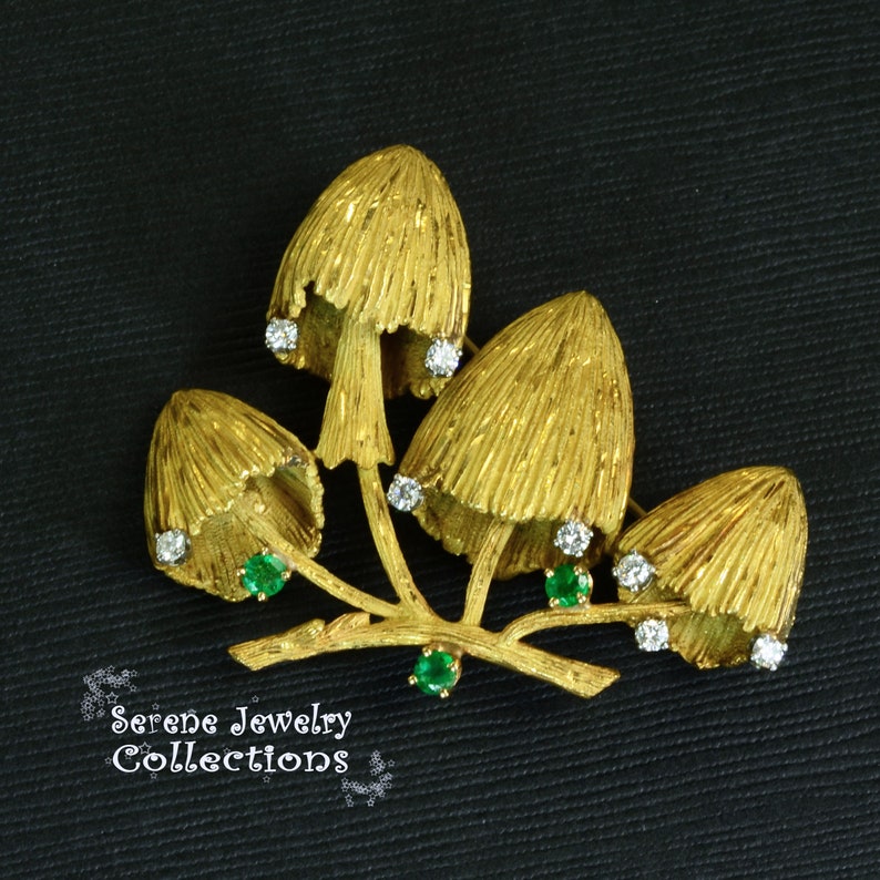 Emerald Diamond 18k Yellow Gold Mushroom Brooch Vintage image 7