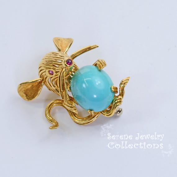 Turquoise Ruby 18k Solid Gold Mouse Brooch Vintage - image 6
