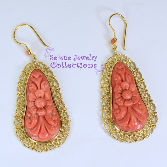 Japanese Momo Carved Coral 18k Yellow Gold Filigr… - image 2