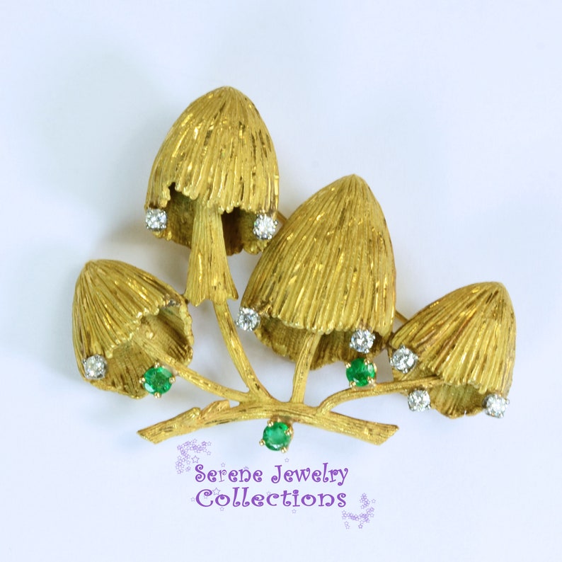 Emerald Diamond 18k Yellow Gold Mushroom Brooch Vintage image 1