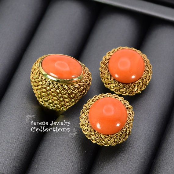 Japanese Momo Coral 18k Yellow Gold Ring Size 5.7… - image 5