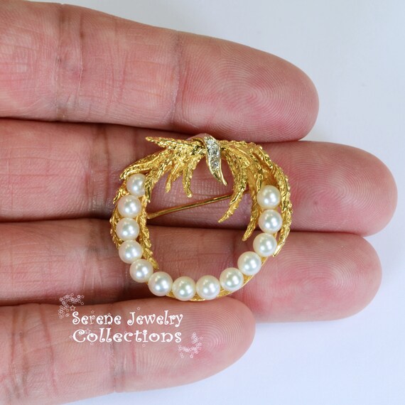 Pearl Diamond 14k Yellow Gold Wreath Brooch Vinta… - image 7