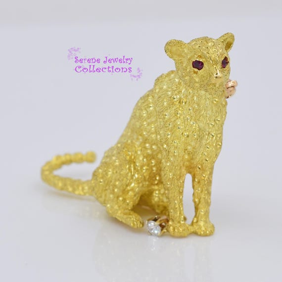 Ruby 18k Solid Yellow Gold Diamond Leopard Cat Br… - image 7
