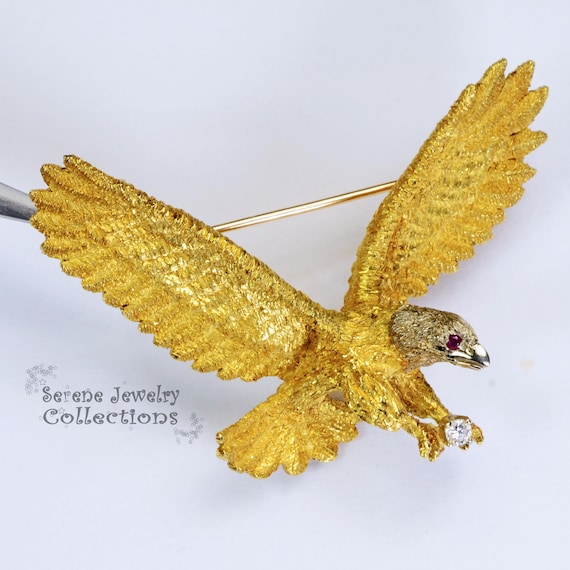 Ruby Diamond 18k Solid Gold Eagle Brooch Vintage - image 8