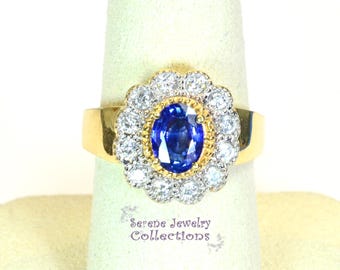 1CT Cornflower Blue Sapphire Diamond 14k Solid Yellow Gold Ring Vintage Ring Size 7.75