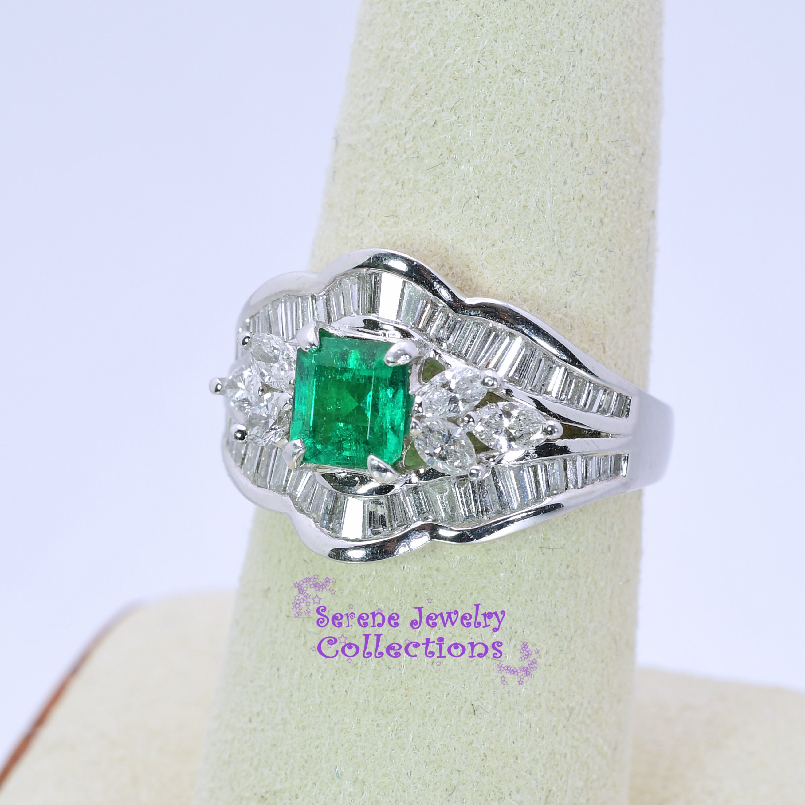 0.77CT エメラルド ダイヤモンド プラチナ リング ヴィンテージ サイズ