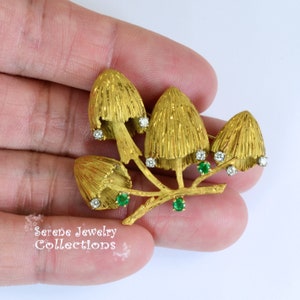 Emerald Diamond 18k Yellow Gold Mushroom Brooch Vintage image 4