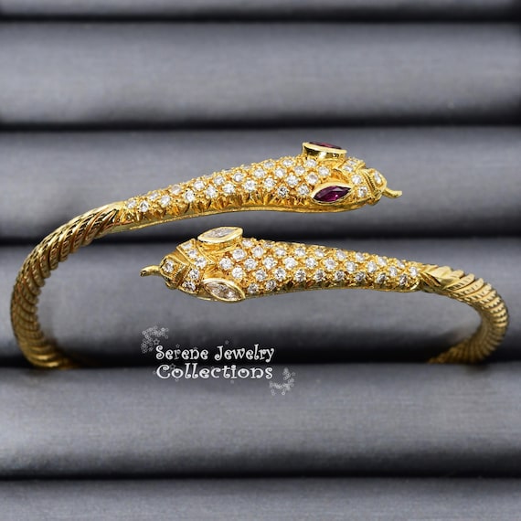 Diamond Ruby 18K Yellow Gold Twin Snake Bangle Bracelet 7 Inch