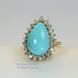 Levian Sleeping Beauty Turquoise Cabochon Teardrop Diamond 14k Yellow Gold Vintage Ring Size 7