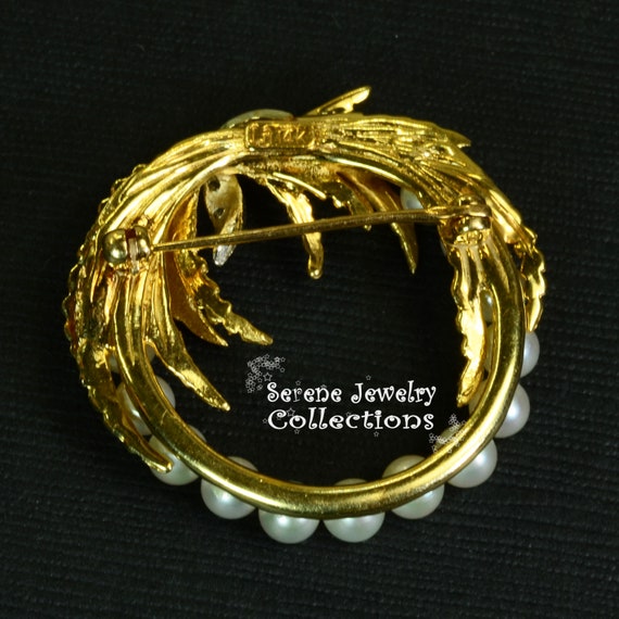 Pearl Diamond 14k Yellow Gold Wreath Brooch Vinta… - image 4