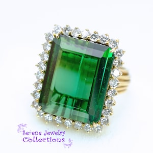 15CT Green Tourmaline Diamond 14k yellow Gold Ring Vintage Size 5