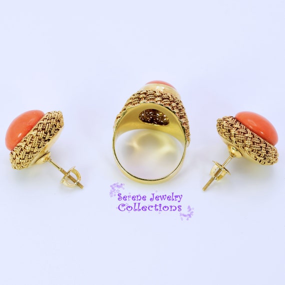 Japanese Momo Coral 18k Yellow Gold Ring Size 5.7… - image 2